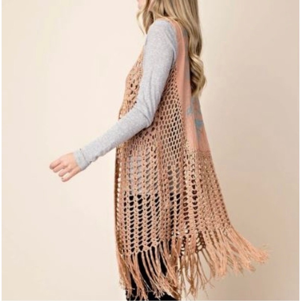 Womens Long Crochet Vest Orange Embroidered Fringe M/L Festival‎ 60s Tribal EUC